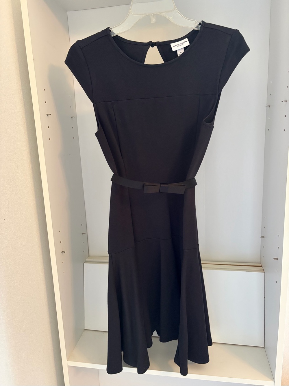 kate young Black Cap-Sleeve Belted Fit & Flare Dress